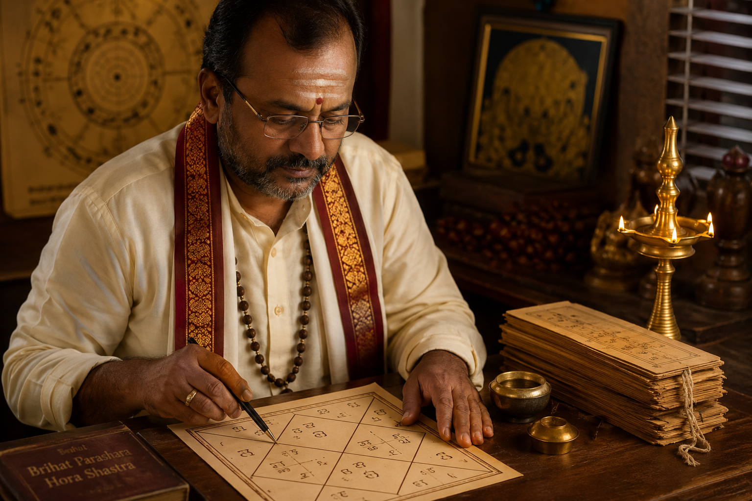 Vedic astrologer studying a horoscope chart
