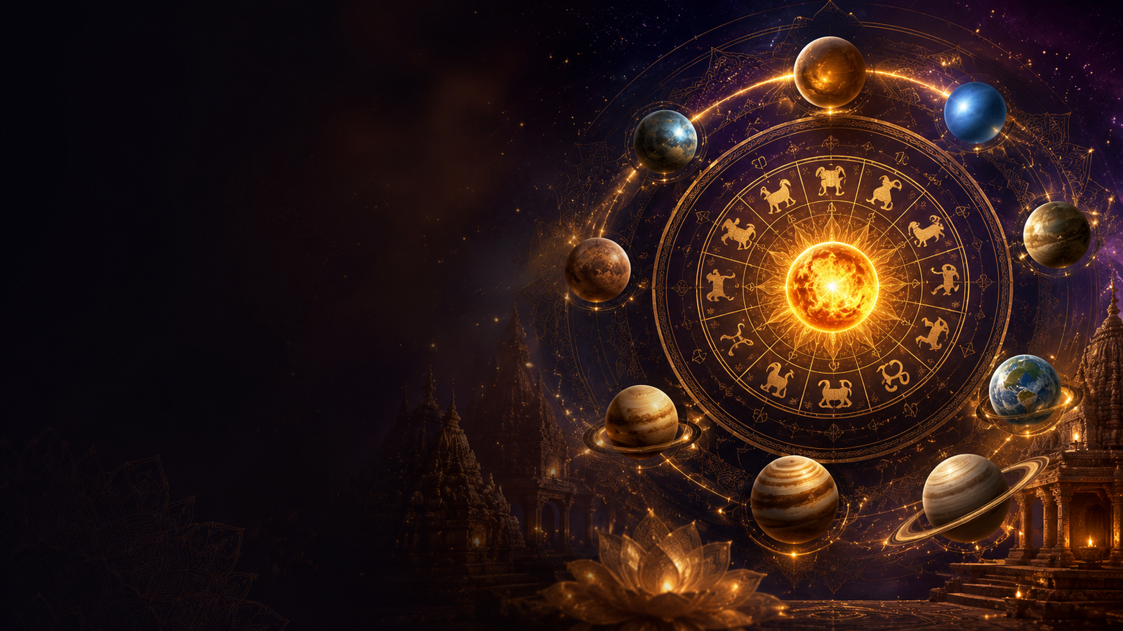 Glowing Vedic zodiac mandala surrounded by Navagraha planets